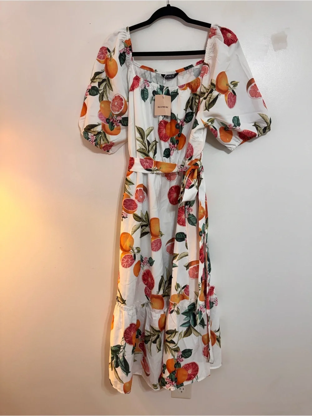BloomChic Midi Citrus Orange Print Belted Frill dress